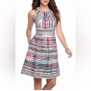Nine West Tangerine Tango Combo Stripe Slvless High Neck Pleated Fit Flare Dress